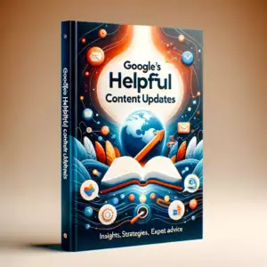 Here is the image of the guidebook cover illustrating "Google's Helpful Content Updates". It captures the essence of modern, digital landscapes and abstract elements representing the dynamic changes in the SEO world, with icons for insights, strategies, and expert advice. The design aims to be user-friendly and appealing to those seeking to navigate Google's updates, conveying expertise, innovation, and clarity