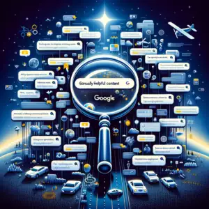 showcasing Google's commitment to user-centricity through its Helpful Content Updates. The infographic features a search engine interface with a magnifying glass focusing on high-quality, user-centric content amidst a vast digital landscape.