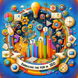 Here's an image that captures the theme 'Embracing the Fun in SEO'. It visually represents the basics of SEO along with playful and educational elements, perfectly illustrating the joy and creativity in learning and applying SEO fundamentals. This image can be used to enhance the visual appeal of the relevant section in your article.