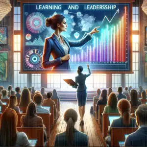 The image illustrating 'Emily' in a setting that captures her involvement in learning, leading, and making a significant impact is now ready. She's portrayed in an educational and leadership environment, engaging with a diverse group of professionals.
