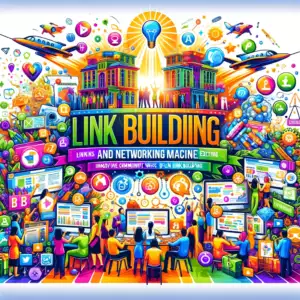 Here's an image that vividly illustrates the theme 'Link Building and Networking Made Exciting'. It showcases vibrant scenes of digital parties, webinars, and online community interactions, symbolizing the innovative and fun ways of link building and networking. The design conveys the concept of building relationships and earning backlinks in a creative, social, and engaging manner, complete with colorful graphics and symbols of networking and collaboration. This image is ideal for visually enhancing the related section of your article.
