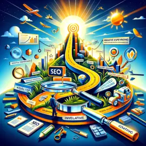 Here is the image for the section "Strategic SEO Planning with an Optimistic Approach," visually depicting the blend of setting realistic yet aspirational goals, innovative keyword research, and the creation of optimistic, engaging SEO content. This illustration encapsulates the essence of strategic, positive, and effective SEO planning.