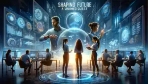 The image showcases the Data Dailey team, led by Mike Piet, Emily Rose Maldonado, and Sarah Piet, in an innovative and futuristic setting, highlighting their unified quest in shaping the future of SEO education.