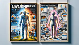 Here is an image that creatively illustrates two advanced SEO guides: "ChatGPT for SEO" and "Theory of Constraints in SEO," each section visually representing the innovative concepts and strategies discussed in these guides.