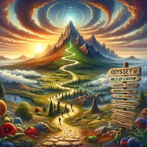 Here's the visual representation of the "Odyssey of Multiplier Leadership" as described in your guide. This image captures the metaphorical journey of leadership transformation, set in a picturesque landscape that symbolizes the path to leadership excellence.