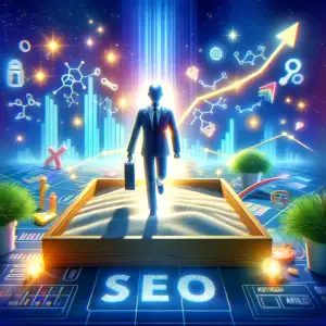 Here is the revised image, visually representing the theme of 'Exiting Google's Sandbox' in the context of SEO, with a focus on the triumphant journey and the correct depiction of SEO elements.