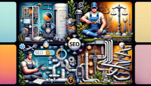 Here is an image that visually represents industry-specific SEO strategies for HVAC, plumbing, legal practices, and yoga, created without any textual elements. Each section of the collage is dedicated to illustrating the SEO themes relevant to each industry.
