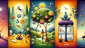Here is an image that visually conveys the themes of "Making SEO Fun," "Mastering the Art of SEO Patience," and "Action Oriented SEO Success" for SEO, created without using any textual elements. Each section of the collage illustrates these unique approaches to SEO.