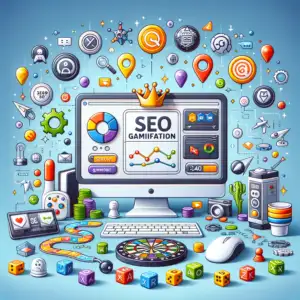 Here is an image representing the concept of SEO Gamification. This visual embodies the integration of gamification principles into digital marketing, combining elements of SEO analytics and playful, game-themed imagery.