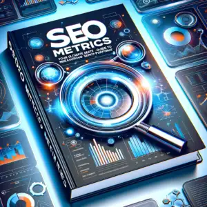 Here is the cover image for your SEO guide. It features a modern and engaging design with the title "SEO Metrics: Your Ultimate Guide to Measuring Search Performance", set against a backdrop that symbolizes the advanced and dynamic nature of SEO. The image incorporates elements like graphs, charts, and magnifying glasses to represent data analysis and metrics, all within a professional and sleek look tailored for digital marketing professionals.