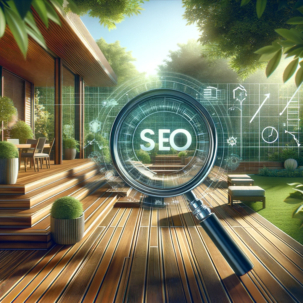 represent the theme of SEO for deck building companies. It combines the elegance of deck construction with the digital elements of SEO, capturing the essence of your article's topic