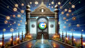 Here is an image depicting the concept of search engines, with Google as a focal point, acting as gatekeepers to the digital universe. The image features a majestic gate representing Google's role, set against a backdrop symbolizing the vast, interconnected network of the internet.