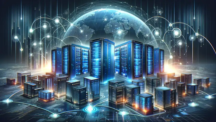 Here's an image for your post about the "Best Website Hosting Companies," showcasing futuristic data centers interconnected on a global digital network.