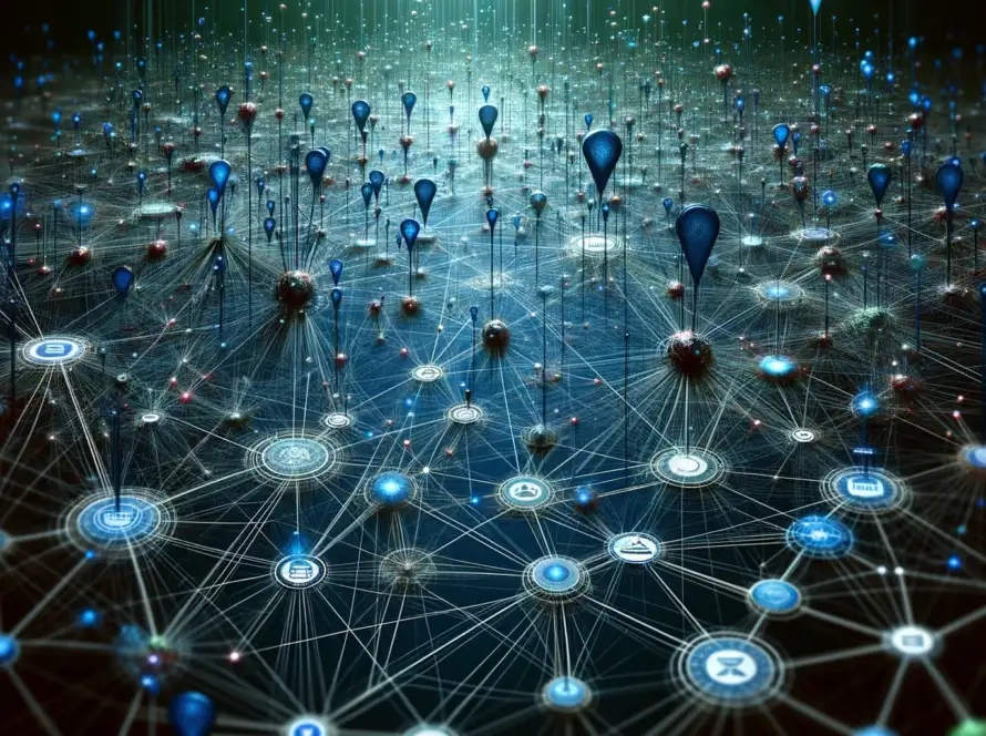 image for your post about "SEO Backlink Analysis," illustrating a complex network of interconnected webs, nodes, and pathways to symbolize backlink structures.