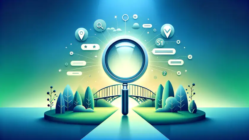 image for your post "SEO Keyword Gap Analysis." It visually represents the concept of identifying gaps and opportunities for improvement in your SEO strategy, using a magnifying glass, keywords, and a bridge metaphor in a minimalist design with a gradient background of blue and green tones.