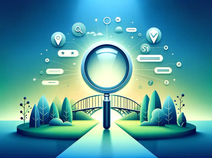 image for your post "SEO Keyword Gap Analysis." It visually represents the concept of identifying gaps and opportunities for improvement in your SEO strategy, using a magnifying glass, keywords, and a bridge metaphor in a minimalist design with a gradient background of blue and green tones.