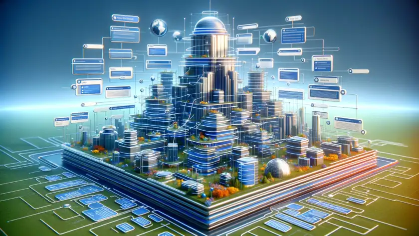 image for your post about "SEO Site Architecture," depicting a 3D model of a website structure that resembles a futuristic cityscape, highlighting the strategic planning involved in SEO-optimized site organization.