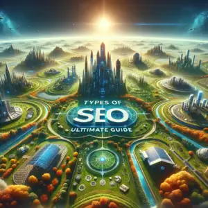 image with the title "Types of SEO - Ultimate Guide," incorporating the epic landscape that represents the vast world of SEO. This visual guide invites viewers to explore the depth and breadth of SEO knowledge, highlighting the diversity and collaborative nature of SEO strategies and practices.