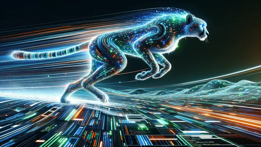 image to more directly symbolize website speed, featuring a digital cheetah made of light and data, sprinting across a landscape of web pages and code, emphasizing swift website performance.