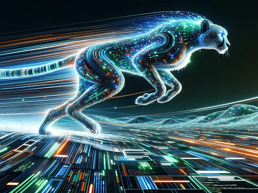 image to more directly symbolize website speed, featuring a digital cheetah made of light and data, sprinting across a landscape of web pages and code, emphasizing swift website performance.