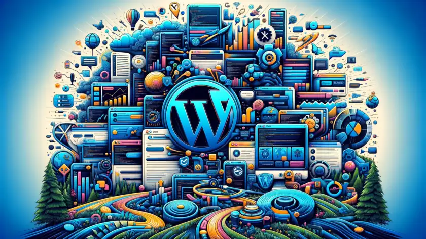 image for your post "WordPress SEO," designed to abstractly represent the optimization of WordPress sites for search engines without using words, featuring a modern and clean aesthetic that highlights the synergy between WordPress and effective SEO practices