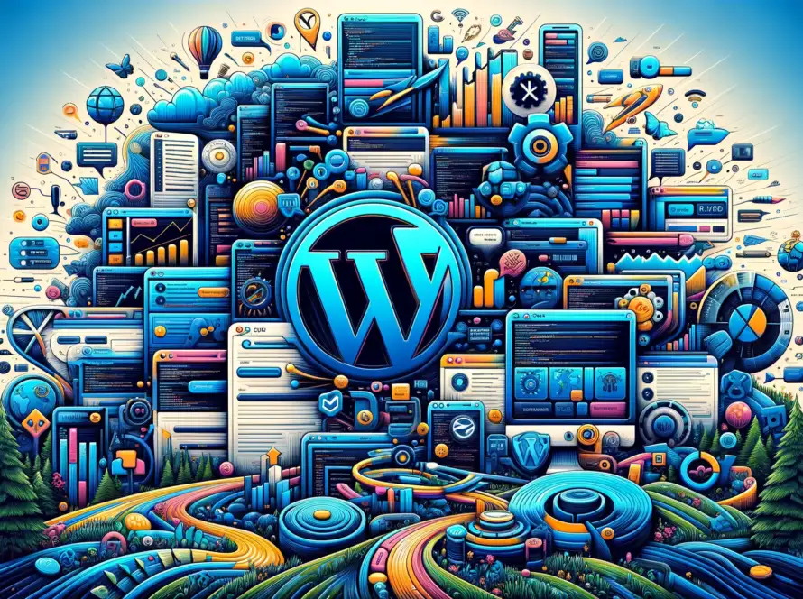 image for your post "WordPress SEO," designed to abstractly represent the optimization of WordPress sites for search engines without using words, featuring a modern and clean aesthetic that highlights the synergy between WordPress and effective SEO practices