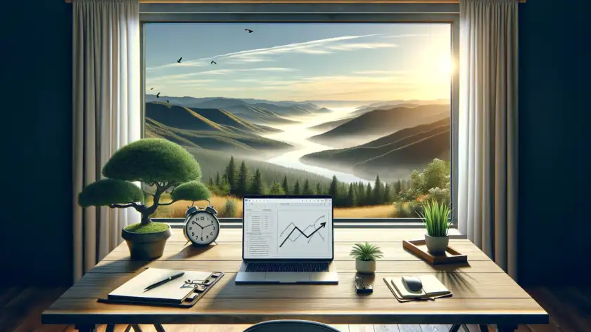 The image has been created to accompany your post about handling overwhelm in SEO and keeping things simple. It depicts a serene and organized workspace with a view of nature, designed to convey tranquility and simplicity.