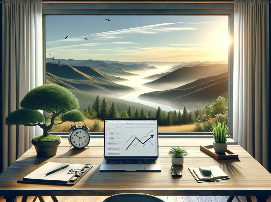 The image has been created to accompany your post about handling overwhelm in SEO and keeping things simple. It depicts a serene and organized workspace with a view of nature, designed to convey tranquility and simplicity.