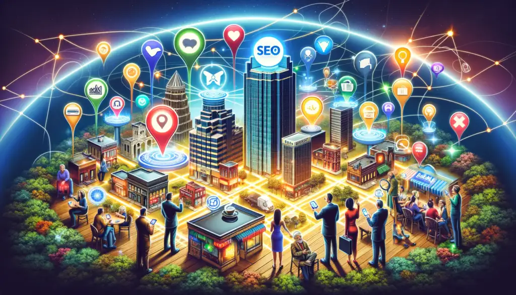 The image vividly brings to life the essence of local SEO expertise as harnessed by Data Dailey in Grand Rapids. It showcases the transformative impact on local businesses, symbolized through a dynamic digital map and the engagement between business owners and SEO experts.