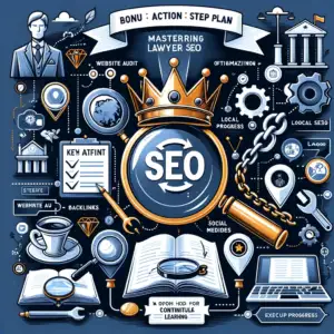 visual representation for the Bonus Action Step Plan section, designed to encapsulate the essence of mastering Lawyer SEO. This image showcases a step-by-step guide with various elements that highlight the holistic approach to SEO for lawyers. If you need further adjustments or have any more requests, feel free to let me know!