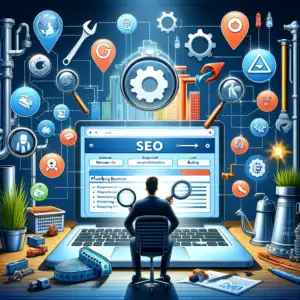  image that visualizes a comprehensive digital marketing strategy for a plumbing business focusing on SEO. It shows the integration of various SEO techniques to enhance the online presence and attract more customers to a plumbing business.