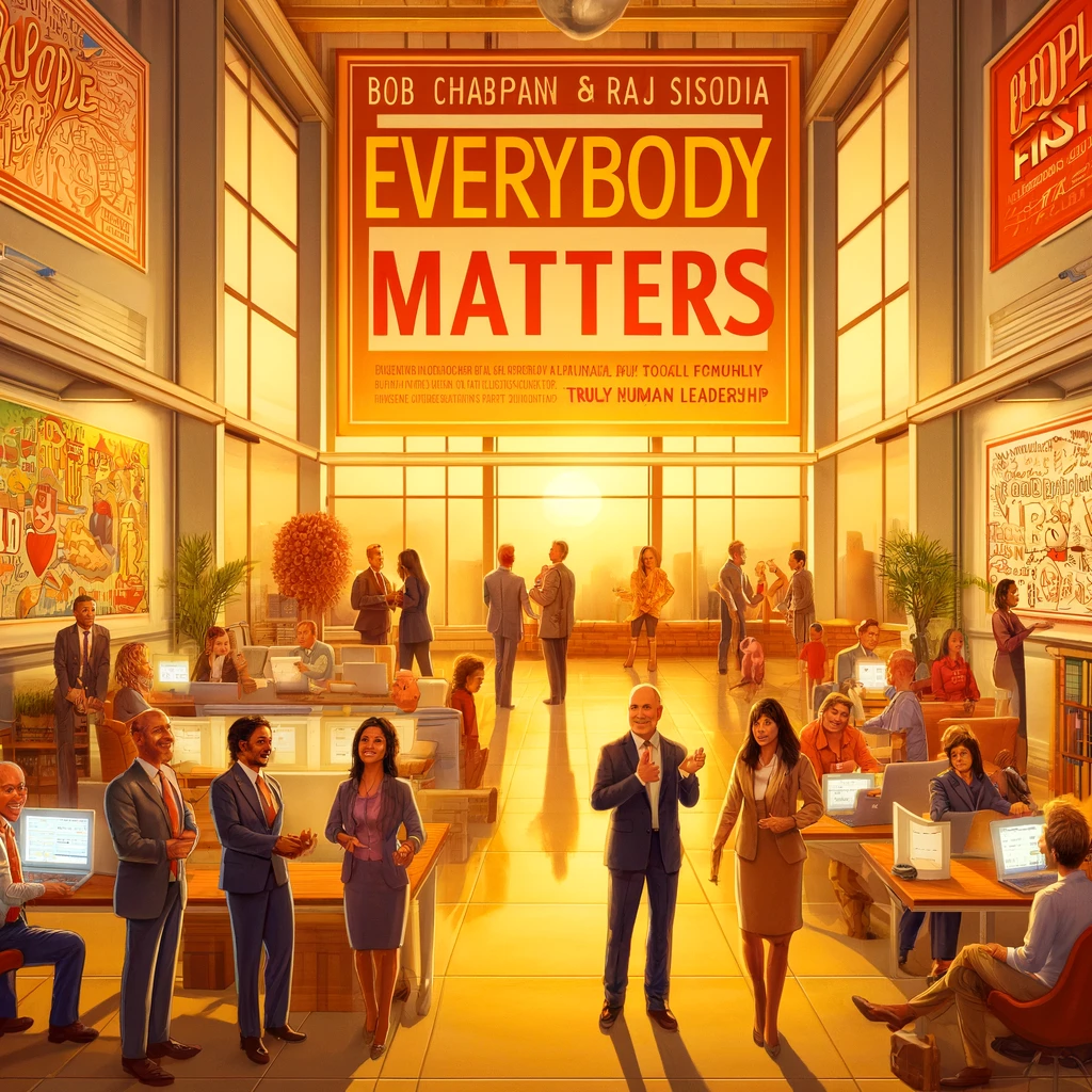visual representation of the book "Everybody Matters" by Bob Chapman and Raj Sisodia. The image captures the essence of a corporate environment transformed by the principles of Truly Human Leadership, emphasizing a people-first, inclusive atmosphere. Feel free to take a look!